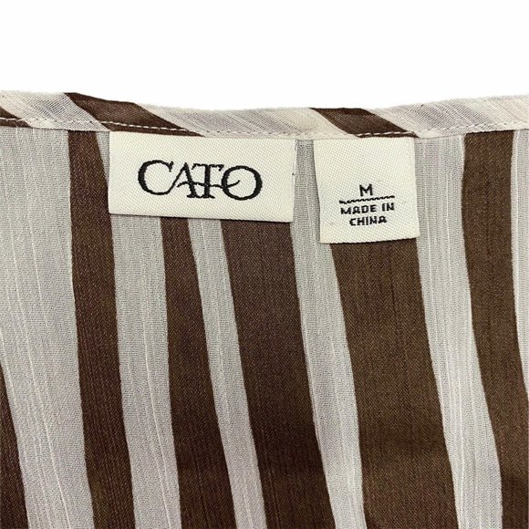 Cato M Chiffon Blouse Semi-Sheer Brown White Striped Cami Elastic Waist Flutter - Picture 3 of 7